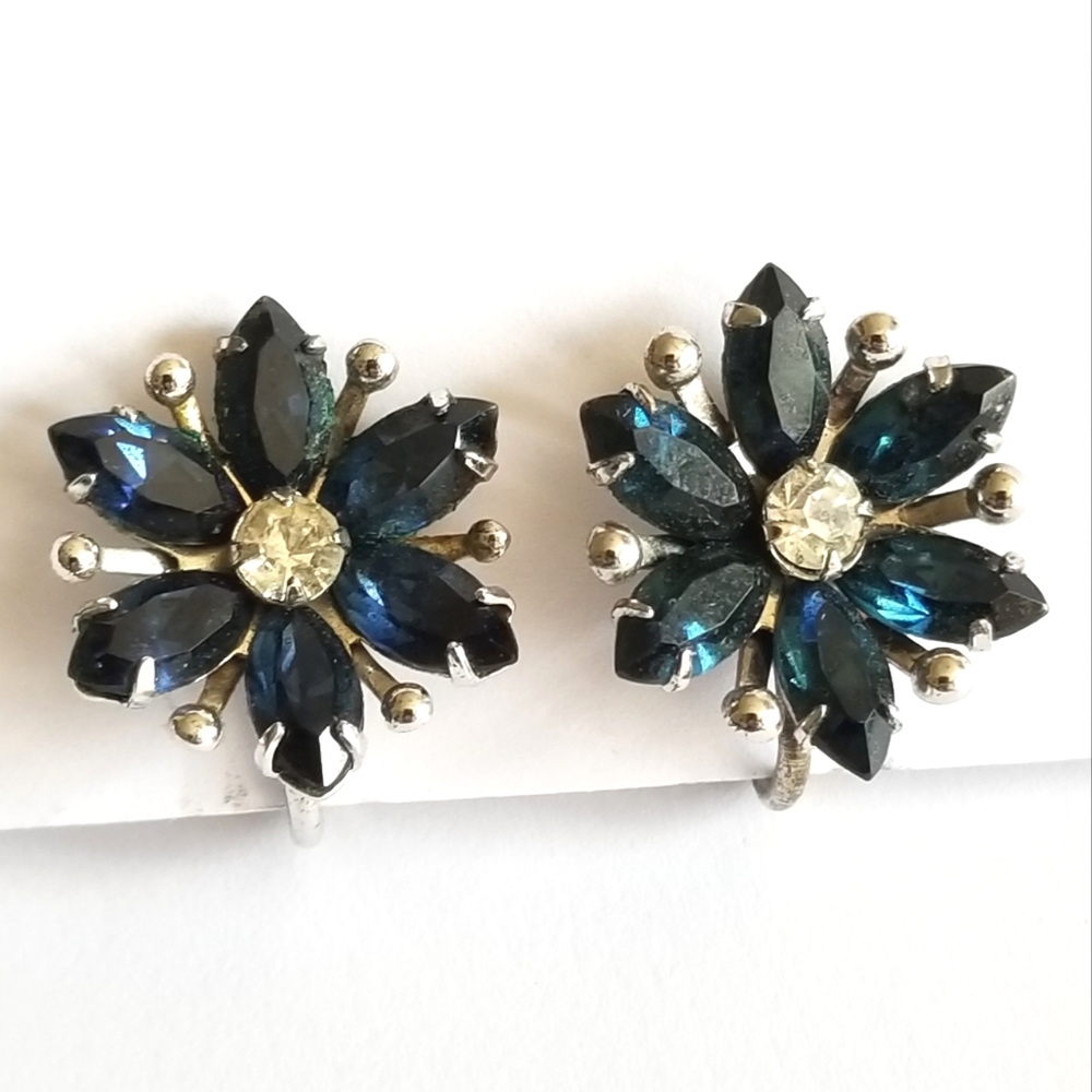 Vintage Sterling Silver blue flowers screwback earrings Amco .925 floral